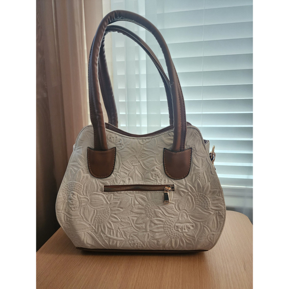 Light Beige Sunflower Embossed Tooled Artisan LEATHER Hobo Bag Purse Bolsa - Picture 11 of 14